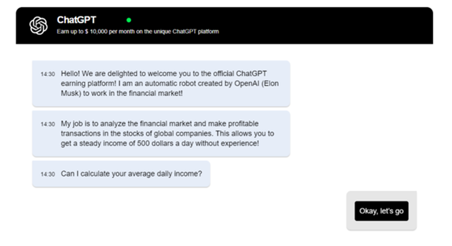 Chat mit gefälschtem Bot, der vorgibt, die Finanzmärkte zu analyiseren.