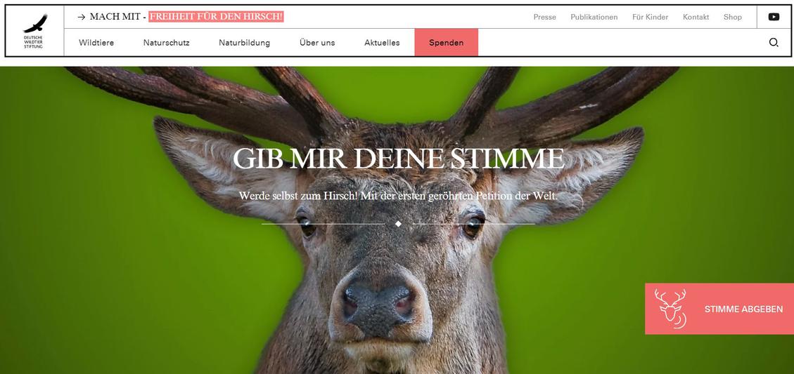 Die Landingpage der &#34;röhrenden Petition&#34;. (Bild: Deutsche Wildtierstiftung)