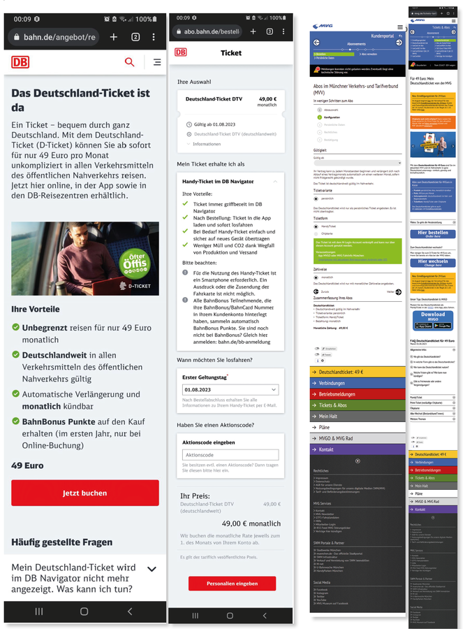 Bei Bahn.de habe ich eine Landingpage mit "Jetzt buchen" und eine zweite Seite, wo ich die Gültigkeit eingebe, bevor es zur Personalisierung geht. Klarer Checkout, der schnell geht. Anders bei der MVG: Hier habe ich nicht nur eine unendlich lange erste Seite sondern auch die Checkout-Seite strotzt mit Sonderevents, Specialangeboten und Extraeinstellung.
