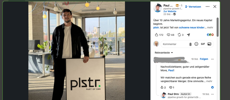 LinkedIn-Post von Pail Sto: Plstr ist nun Teil von &#34;schoene neue kinder&#34;. (Bild: Hightext)