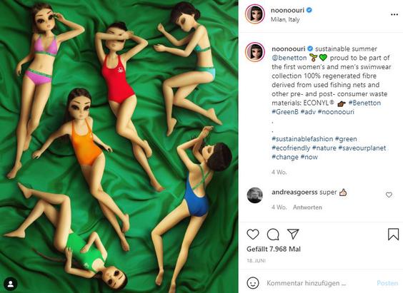 Nonnoori präsentiert Bademode von Benetton. (Bild: Noonoouri, Instagram, Benetton)