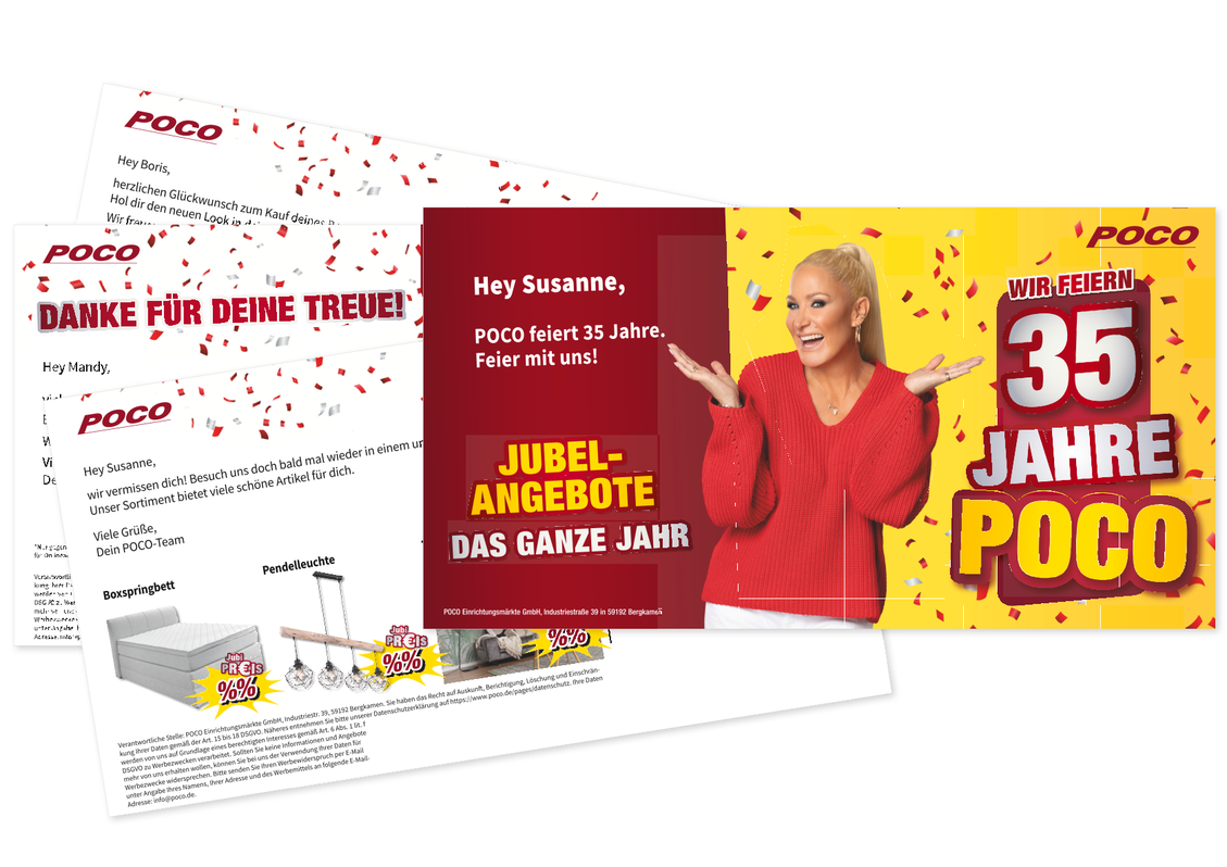 Um personalisierte Nachrichten an seine Kunden zu senden, hat POCO insgesamt sieben Personas festgelegt, darunter Boris, Susanne sowie das Paar Mandy und Dennis.  1. Der urbane Single Boris bastelt gerne selbst an seinem Zuhause und interessiert sich daher beispielsweise für Fußböden und Arbeitsplatten für die Küche.  2. Susanne mag besonders hochwertige Möbelstücke. Ihr bietet POCO in der personalisierten Karte moderne Boxspringbetten und passende Deko-Artikel an.  3. Mandy und Dennis interessieren sich für preiswerte Artikel aus dem POCO-Sortiment. (Bild: POCO)